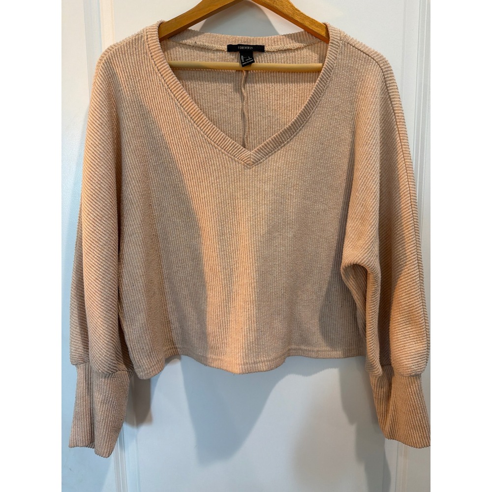 Forever 21 Womens Large Oat Beige Ribbed V-Neck Cropped Sweater Long Sleeve